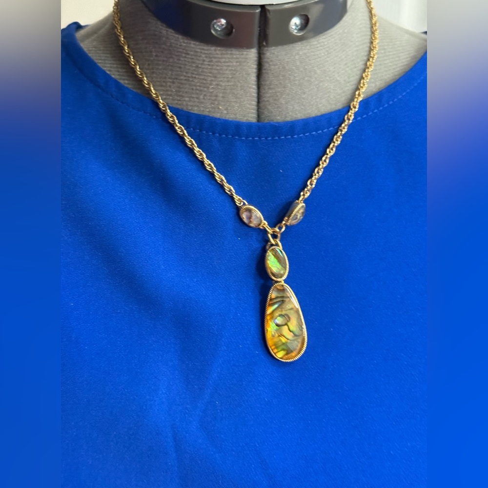 Vintage Monet Gold Tone Necklace tear drop and earrings - Lucite Abalone.